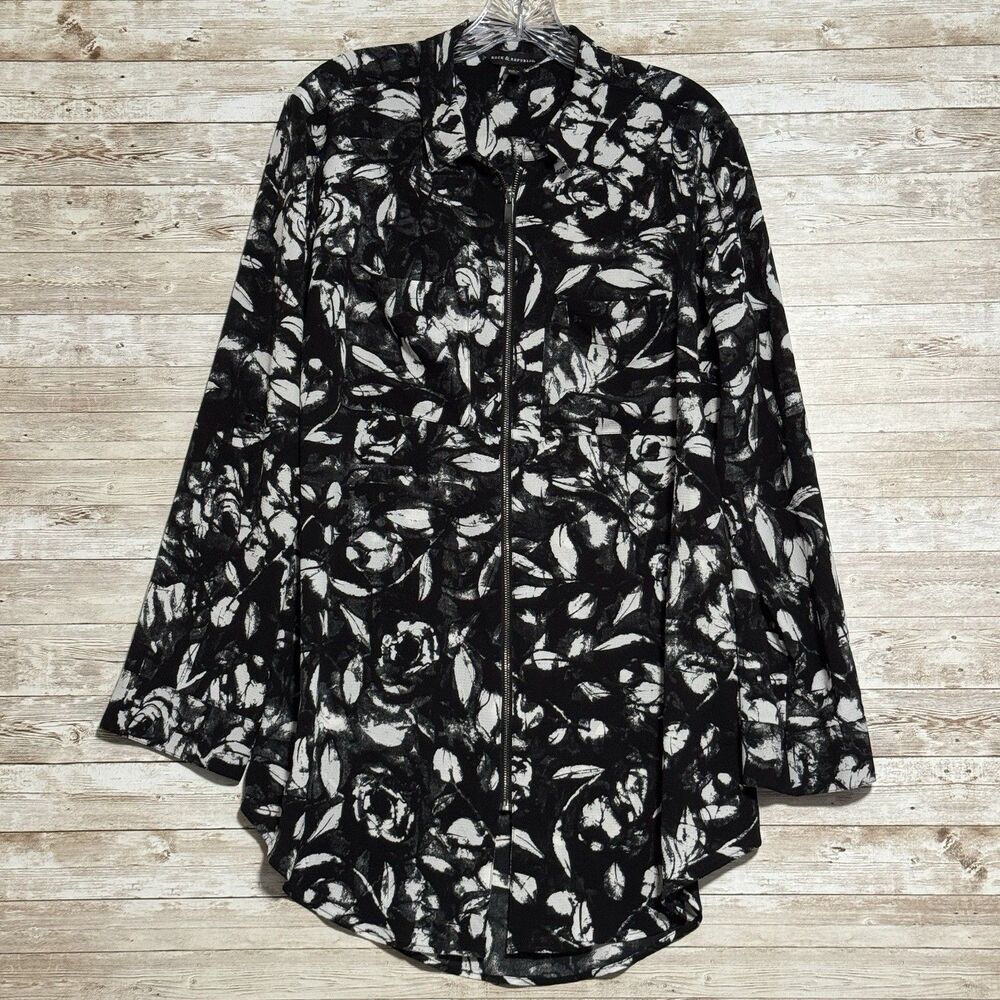 Rock & Republic Black White Full Zip Tunic Blouse Sz L Western Cowgirl Rodeo